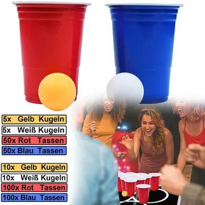 AUFUN 100 + 10 Ensemble de fête de bière Pong, Tasses de fête 50 Tasses Rouges + 50 Tasses Bleues + 10 balles de ping-Pong pour la fête et Le Jeu