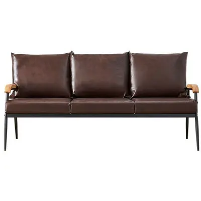 Canapé 3 places en simili cuir souple avec accoudoirs en bois massif et support en métal, meuble de salon, Marron foncé