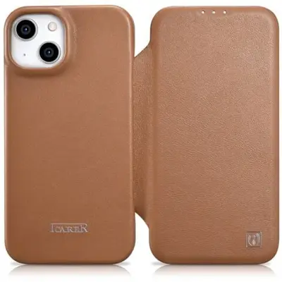 Coque iPhone 14 en cuir avec rabat magnétique MagSafe CE Premium Leather marron clair