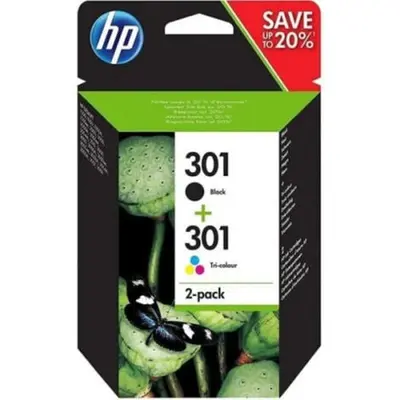 HP 301 Pack de 2 cartouches d'encre noire et trois couleurs authentiques (N9J72AE) pour HP Envy 4505, DeskJet 1050/1512/2548/305