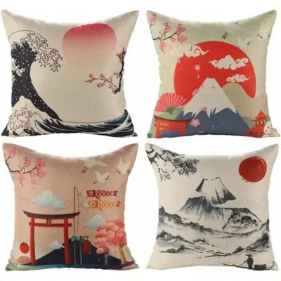 Japonais Fuji Ukiyo-e taie d'oreiller en coton et lin canapé voiture maison lit décor taie d'oreiller 45x45cm 4 pièces ensemble (style japonais B)