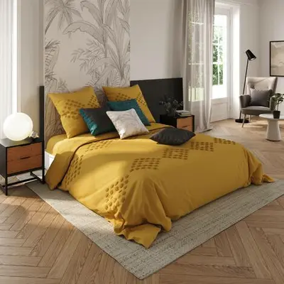 Linge de lit 220x240 cm avec 2 taies d'oreiller et drap, ensemble jaune