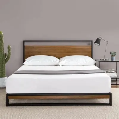 Lit double 140x190 cm avec cadre en métal et tête de lit en bois massif  ZINUS  SUZANNE