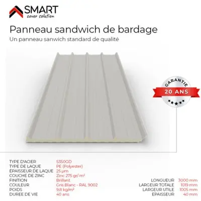 Panneau sandwich de bardage PIR Coloris Gris Blanc RAL 9002, 40x1000x3000mm