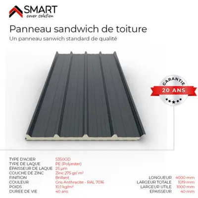 Panneau sandwich de toiture PIR Coloris Gris Anthracite RAL 7016, 40x1000x3000mm