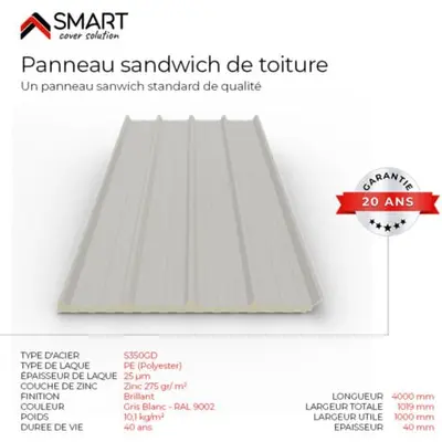 Panneau sandwich de toiture PIR Coloris Gris Blanc RAL 9002, 40x1000x3000mm