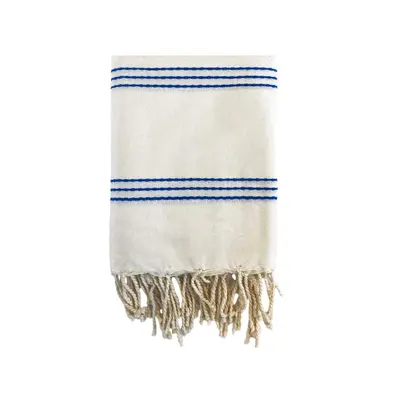 Fouta traditionnelle Calliope  100x200 190g/m² Écru/Royal