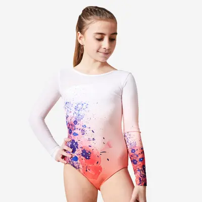 Justaucorps gym manches longues à strass, Fille - JML980 rose-orangé PR fleurs