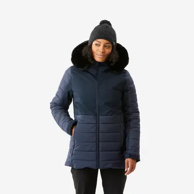 Veste de ski chaude mi-longue femme, 100 bleu marine