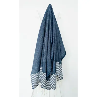 Fouta 100 cm x 200 cm Ziwane marine rayures blanches - 100% coton - finition franges
