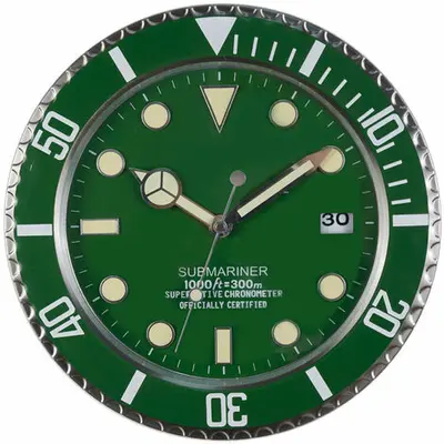 Horloge murale Rolex Submariner Convient pour salle à manger, salon, studio, etc. (avec affichage du calendrier) (vert)