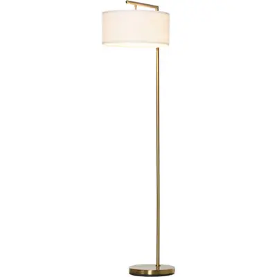 Lampadaire design néo-rétro max. 40 W 153H cm abat-jour circulaire aspect lin blanc piètement structure métal doré