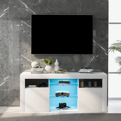 Meuble TV LED moderne avec 2 armoires et 2 portes et 5 étagères ouvertes, blanc 1203550cm