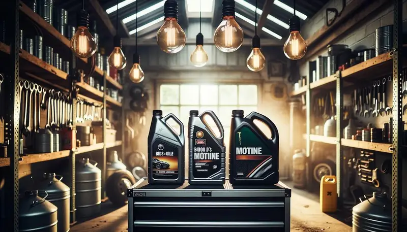 3 bidons d'huile moteur disposés sur une table dans un garage