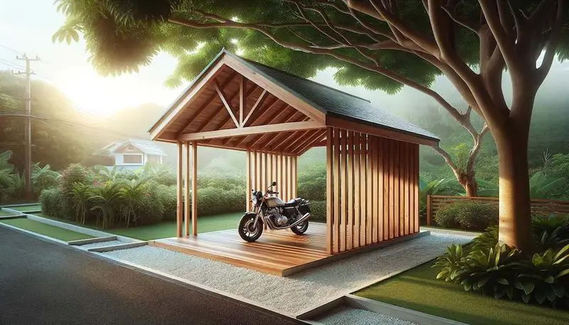 Carport en bois qui couvre une moto