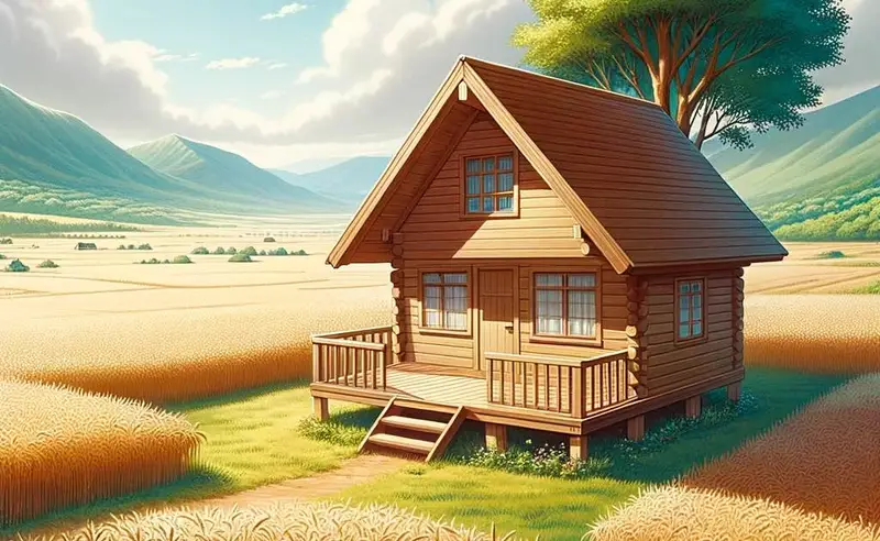 Chalet en bois entouré d'un champs de blé