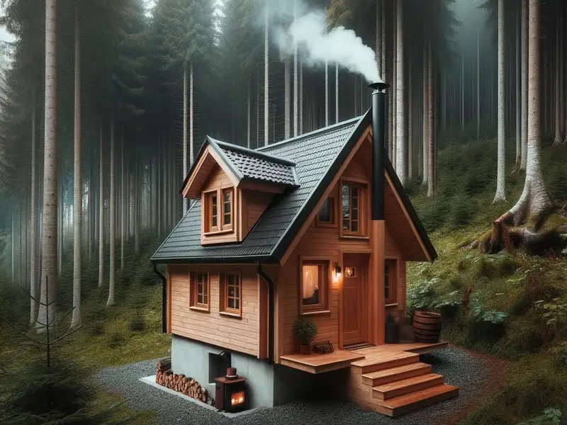 Chalet en bois avec cheminée qui fume