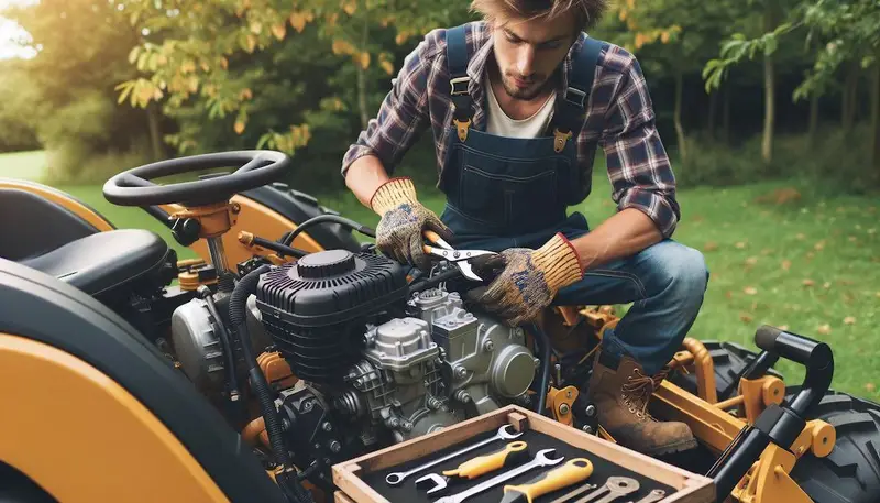 Une personne en train de changer la courroie d'une tondeuse autoportée