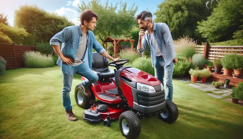 Deux personnes devant un tracteur tondeuse autoportée