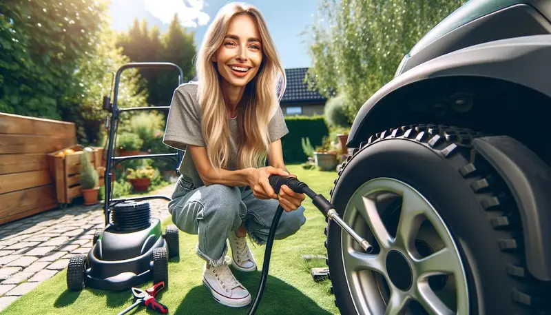 Femme qui gonfle un pneu de tracteur tondeuse autoportée