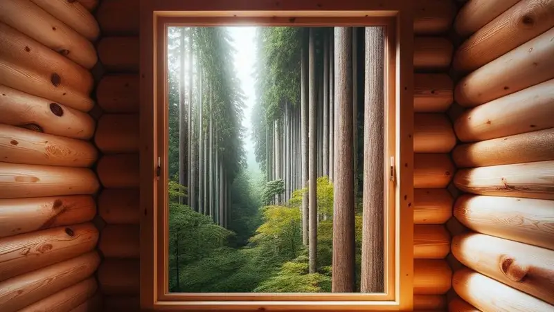 Fenêtre dans un chalet en bois