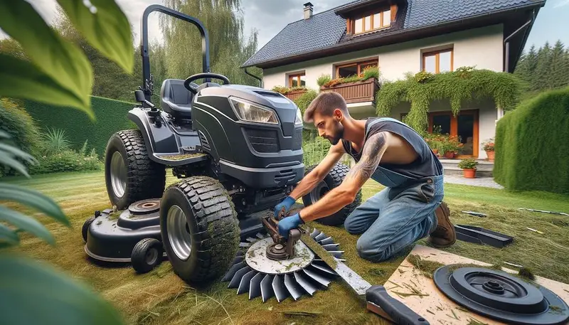 Personne en train de démonter la lame d'une tondeuse autoportée