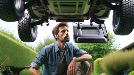 Une personne en train de regarder une tondeuse autportée levée en hauteur