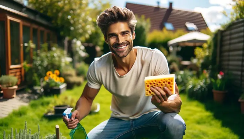 Une personne dans un jardin qui porte une éponge et une bouteille d'huile