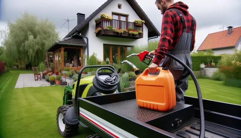 Une personne en train de mettre du carburant dans une tondeuse autoportée