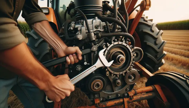Une personne en train de desserrer la courroie d'une tondeuse autoportée
