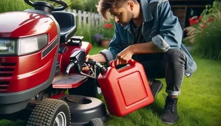 Une personne en train de mettre de l'essence dans une tondeuse autoportée