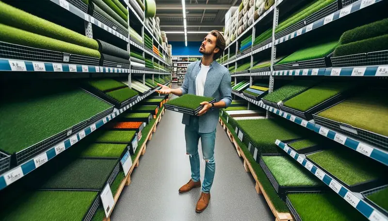 Une personne en train de choisir du gazon dans un magasin