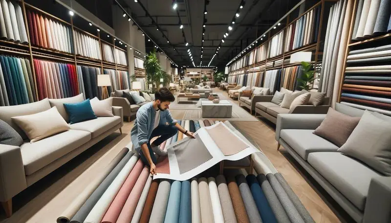 Personne en train de choisir un tissu pour son canapé 2 places