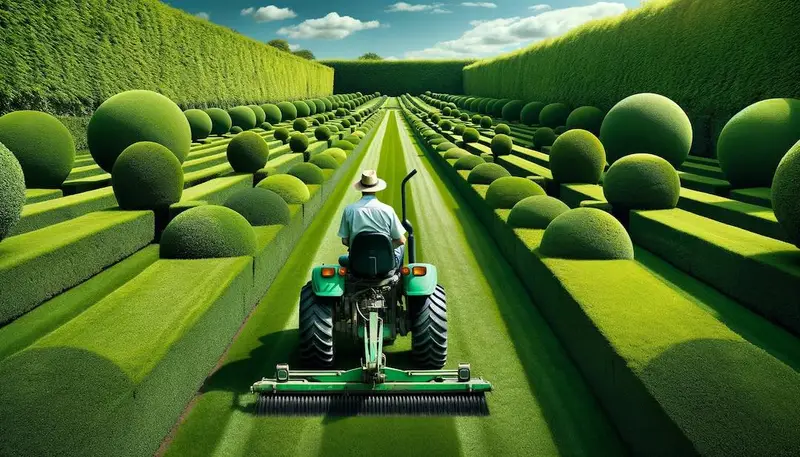 Une personne en train de tondre un grand jardin sur une tondeuse autoportée
