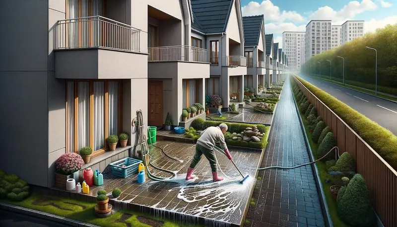 Une personne en train de nettoyer une dalle en béton