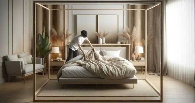 Personne qui enlève la couette d'un lit 2 places