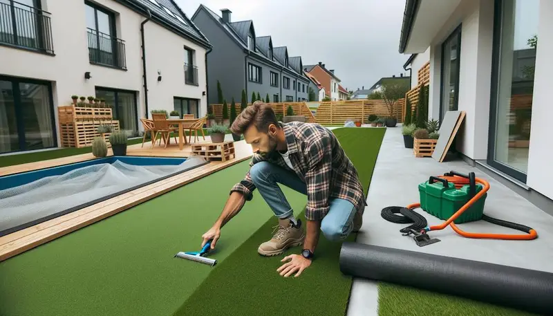 Une personne qui finit la pose de gazon synthétique sur une dalle en béton