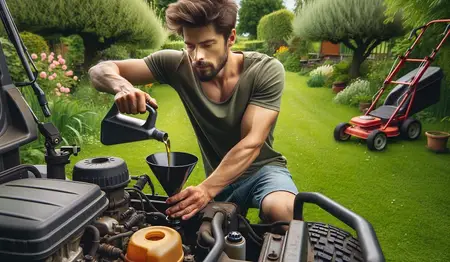 Une personne en train de mettre de l'huile moteur dans une tondeuse autoportée