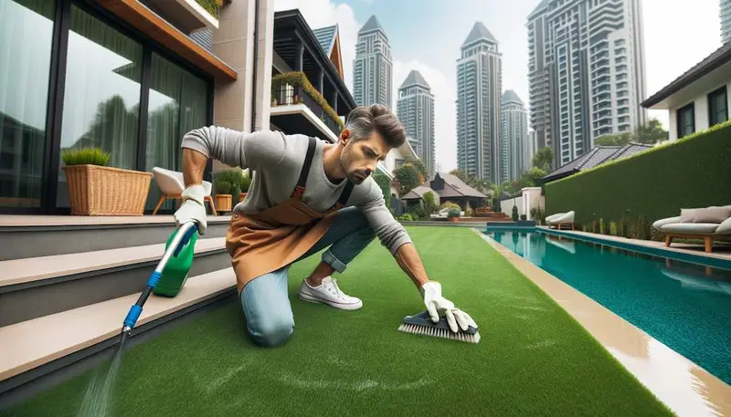 Une personne qui nettoie du gazon synthétique