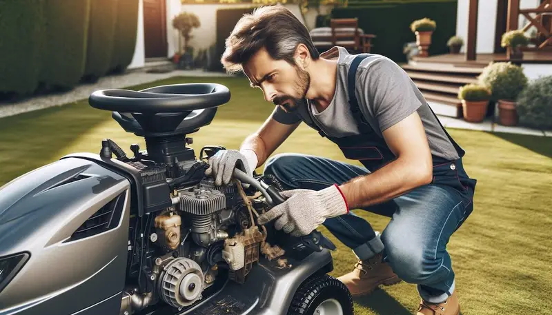 Une personne qui nettoie le moteur d'un tracteur tondeuse autoportée