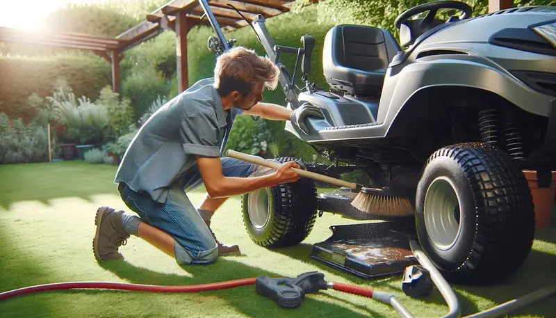 Une personne qui nettoie le dessous d'un tracteur tondeuse autoportée