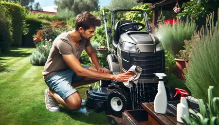 Une personne qui nettoie un tracteur tondeuse autoportée