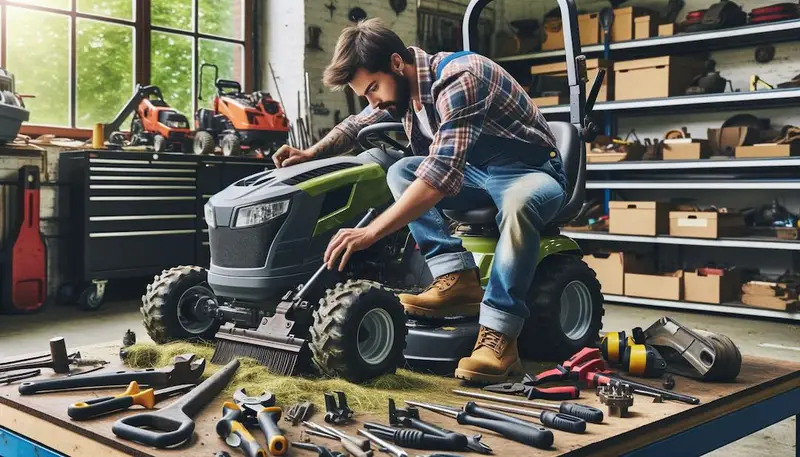 Une personne qui démonte une tondeuse autoportée