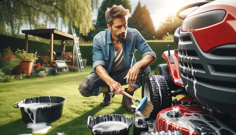 Une personne qui nettoie les roues d'un tracteur tondeuse autoportée