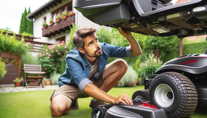 Une personne qui regarde sous une tondeuse autoportée