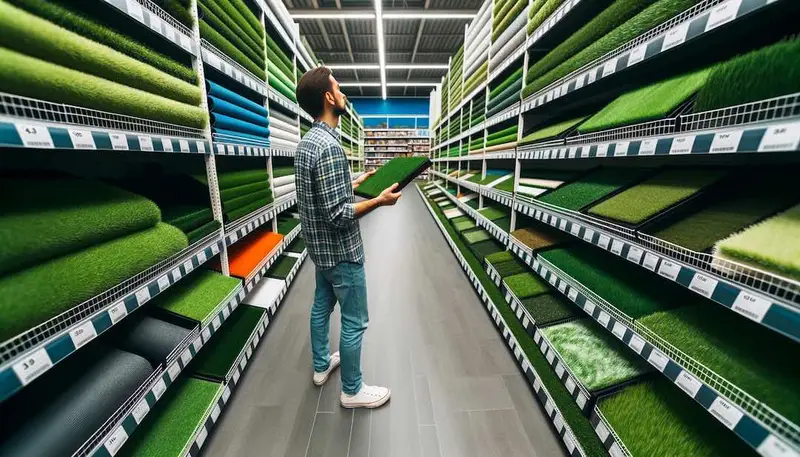 Une personne en train de sélectionner du gazon synthétique dans un magasin