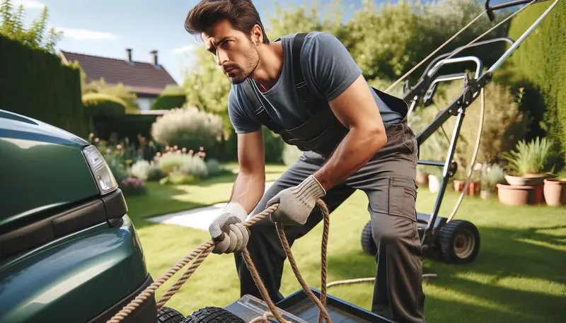 Personne qui tire sur une corde pour levée une tondeuse autoportée