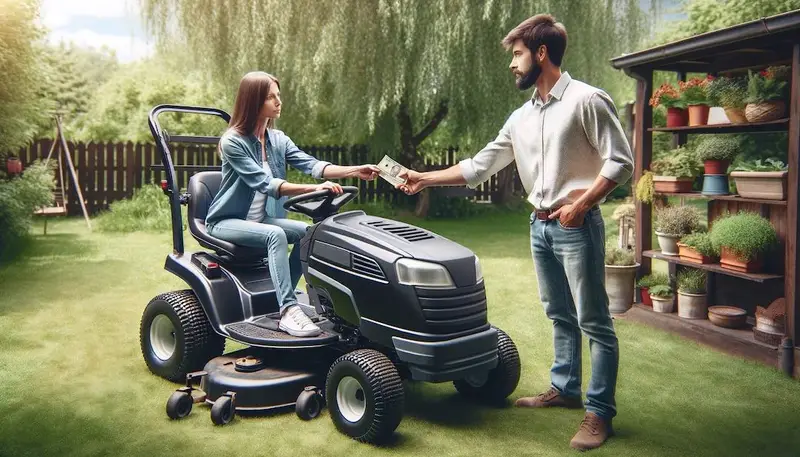 Une personne qui vend un tracteur tondeuse autoportée