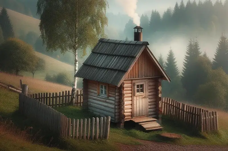 Petit chalet en bois avec une cheminée qui fume
