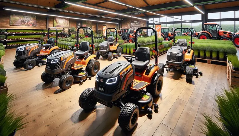 Plusieurs tondeuses autoportées dans un magasin